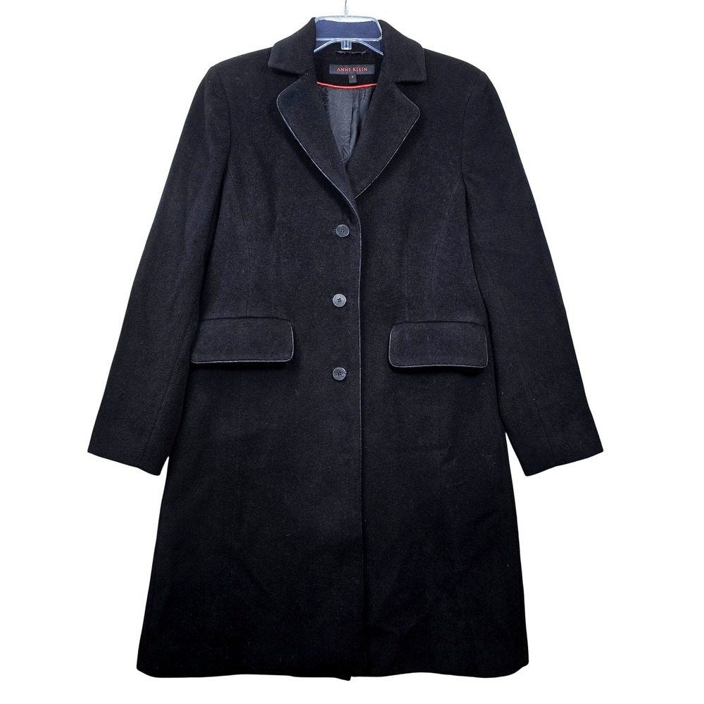 Anne Klein Womens Black Lambswool Cashmere Blend Long Peacoat Jacket Size 6